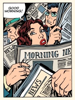 good morning news press crowd metro transport bus pop art retro style. The morning Newspapers. Tube on the road and passengers. Morning news press crowd metro transport bus