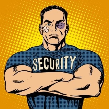 Brutal security guard after a fight pop art retro style. Bruise wound plaster injury. Powerful muscular bodybuilder. Sport and protection. Brutal security guard after a fight