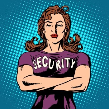 woman security guard pop art retro style. Security Agency protection and sport. woman security guard