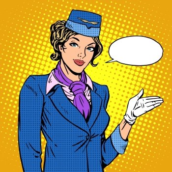 Stewardess airline invites you to Board pop art retro style. Stewardess airline invites you to Board