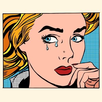 Girl crying woman face. Pop art retro style. Caucasian people coarsely face image. Human emotions. Girl crying woman face