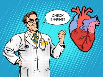 Check engine doctor medicine heart health pop art retro style. Check engine doctor medicine heart health