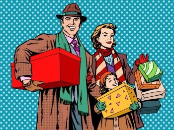Shopping happy family dad mom girl pop art retro style. Shopping happy family dad mom girl. Holiday gifts. Man, woman, and children. People in winter-autumn clothes