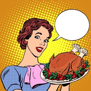 Woman with a Christmas Turkey thanksgiving. Food and cooking, hot meat birds. Holiday treats pop art retro style
