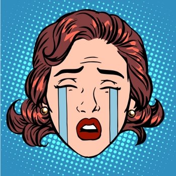 Retro Emoji tears crying sorrow woman face pop art retro style. Retro Emoji tears crying sorrow woman face
