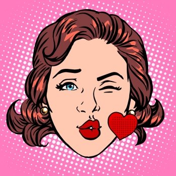 Retro Emoji love kiss heart woman face pop art retro style. Retro Emoji love kiss heart woman face