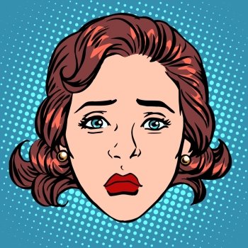Retro Emoji sadness woman face pop art retro style. Retro Emoji sadness woman face