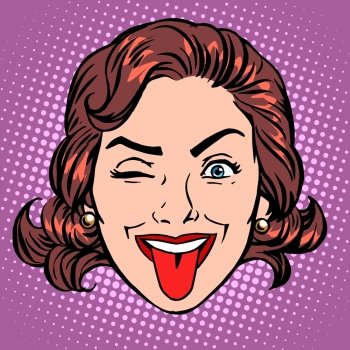 Retro Emoji tongue woman face pop art retro style. Retro Emoji tongue woman face