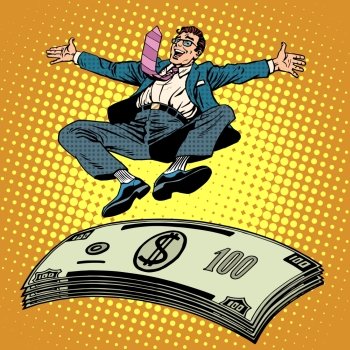 Business success businessman money trampoline pop art retro style. Financial wealth income of a millionaire. Cash prize. Stack of dollars. Business success businessman money trampoline