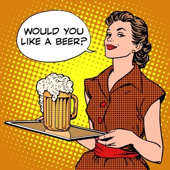 The waitress beer on a tray pop art retro style. Beer festival or a restaurant. Alcoholic beverages. Would you like a beer. The waitress beer on a tray