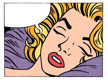 Beautiful woman blonde sleeps and dreams pop art retro style. Girls and their desires. The night and morning. Soft bed. Beautiful woman blonde sleeps and dreams