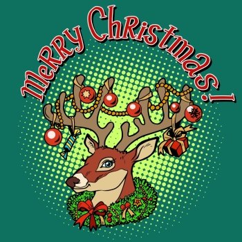 Deer Santa Claus merry Christmas pop art retro style. Animal with horns. Celebrations and congratulations. The symbol of Christmas and new year. Deer Santa Claus merry Christmas