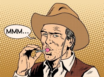 The cowboy and Lollipop pop art retro style. The food and sweets. A stern man and little weakness. The cowboy and Lollipop