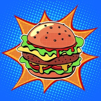 Fast food Burger with sesame meat salad and cheese pop art retro style. Healthy and unhealthy food. Restaurant business. Colorful image of a sandwich on a retro background in the style of comics. Fast food Burger with sesame meat salad and cheese