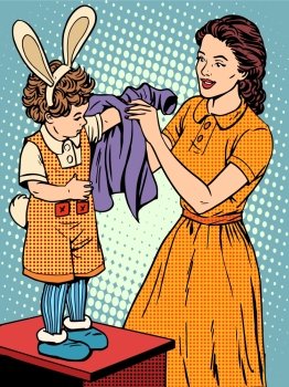 Carnival mother of the child dresses up in a Bunny costume pop art retro style. Childhood and motherhood. Cute family. The woman and the child. Love care. Clothing and costumes for the masquerade. Carnival mother of the child dresses up in a Bunny costume