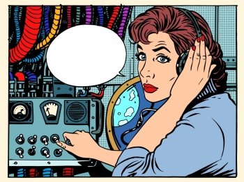 Girl radio space communications with astronauts pop art retro style. The mission control center. Manager flights. Science fiction space and planets. Girl radio space communications with astronauts
