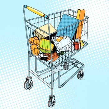 grocery trolley with food pop art retro style. Buy in the store. Vegetables fruit meat packaging gifts goods. Business and buyers. grocery trolley with food