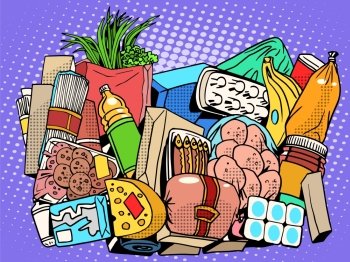 the set of products and food goods pop art retro style. Meat fish sausage greens vegetables fruit bananas onions cream butter milk yogurt eggs cheese pasta spaghetti potato canned food Bank. the set of products and food goods