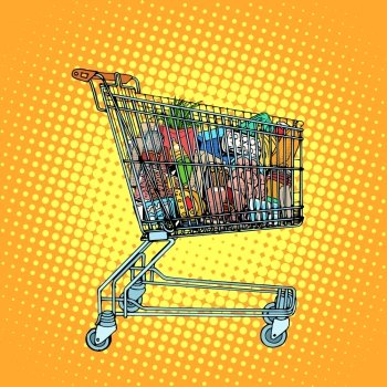 Grocery cart with food pop art retro style. Consumption and shopping in stores. Business concept consumer goods. Grocery cart with food