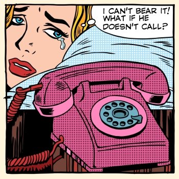 The woman is crying and waiting for a call pop art retro style. Love fellowship suffering romantic relationship problems. Phone technology and communication. The woman is crying and waiting for a call