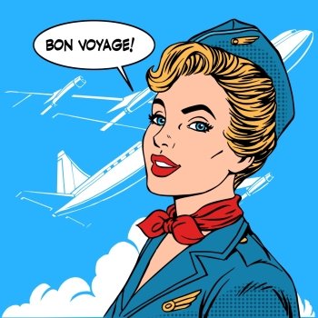 Bon voyage stewardess airplane travel tourism pop art retro style. Business concept success. Aviation transportation and flights. Bon voyage stewardess airplane travel tourism