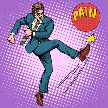 Man hits ball with name pain pop art retro style. Medical and mental health. Medicines and treatment. Pharmacy and pills. Man hits ball with name pain