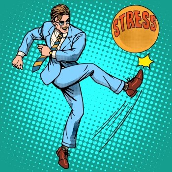 Man hits ball with name stress pop art retro style. Hard work. Optimistic worker. Man hits ball with name stress