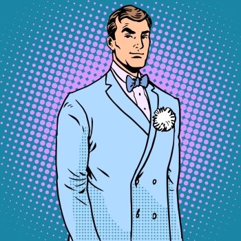 The groom in a wedding suit pop art retro style. The flower in the buttonhole. Handsome man. The groom in a wedding suit