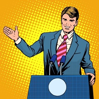 Policy candidate in the elections pop art retro style. The man at the podium speaks. Election promises. Policy candidate in the elections