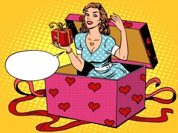 Valentine girl love romantic wedding surprise box pop art retro style. A holiday or celebration. Gift and good mood. Romance and relationships men and women. Valentine girl love romantic wedding surprise box