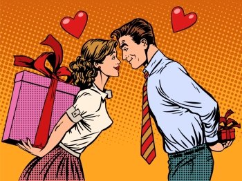 Valentines day lovers man and woman with gifts pop art retro style. Wedding romance and feelings. The couple in the relationship. Husband and wife. Valentine day lovers man and woman with gifts