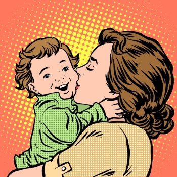 Mother kissing baby pop art retro style. Childhood and motherhood. Love women and son. Mother kissing baby