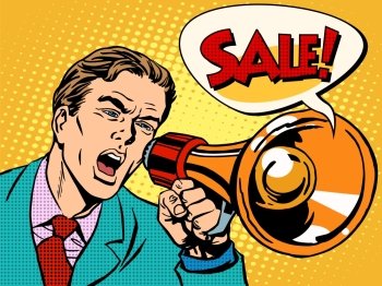 Agitator with megaphone announces sale pop art retro style. Business concept sales and discounts. Poster style.. Agitator with megaphone announces sale