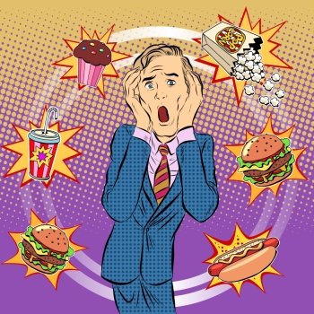 Fast food man unhealthy diet panic pop art retro style. The health of a person. Office lunch. Time and food. Fast food man unhealthy diet panic