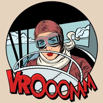 Retro Aviator woman on the plane pop art style. Traveler pioneer hero. Retro Aviator woman on the plane