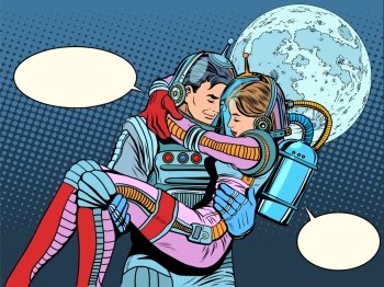 Couple astronauts love man woman pop art retro style. Science fiction and space exploration. Wedding love and Valentines day. Heroic poster. Couple astronauts love man woman