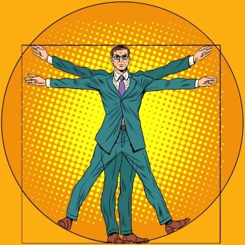 A businessman in the style of Vitruvian man. pop art retro style. Homo vitruviano. Vitruvian Man.. businessman Vitruvian man