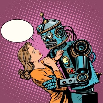 Robot woman love computer technology pop art retro style. Loving couple man and woman. Computer technology and the danger of technical progress. Machine and people.. Robot woman love computer technology