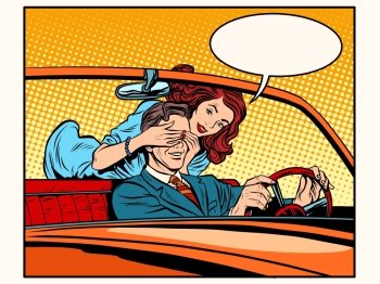 Girl playing with man driver pop art retro style. Dangerous driving. Joke. Woman and man. Girl playing with man driver
