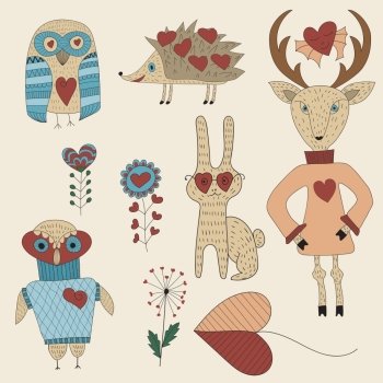 Vector Valentine’s Day Set with animals and plants