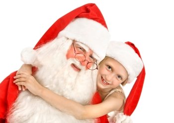 ?appy Little Girl Hugs Santa at the White Background