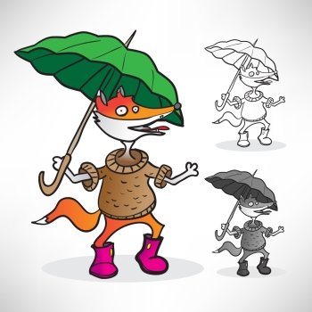 red fox in a sweater, pink boots and a green umbrella in the rain