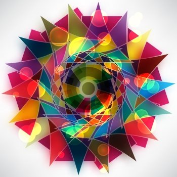 Abstract circular pattern of bright multi-colored triangles in the rays of light