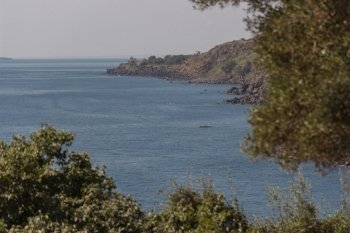 Vulcanic coast in sicily with trees and little boat