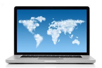 Laptop with world map made of clouds on screen isolated on white background. Laptop with world map made of clouds on screen