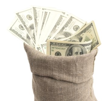 money in burlap sack isolated on white