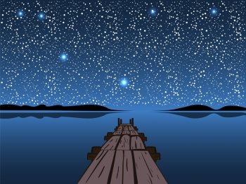Night lake starry sky. Natural background stay quiet and romantic. Water landscape. Night lake starry sky