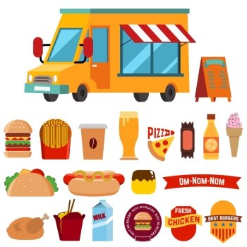 Flat design style modern vector illustration icons set of wagon full of tasty summer food, meals, drinks and fruits. Isolated on white background