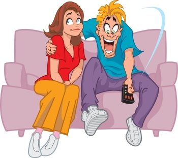 Happy Man on Couch With the TV Remote Control and Unhappy Wife/Girlfriend