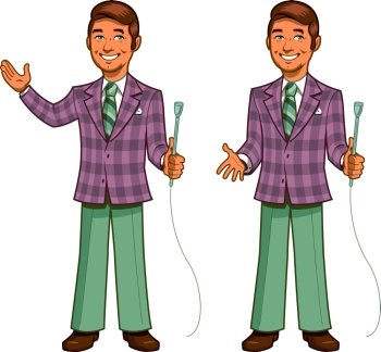 Retro Classic TV Game Show Host with Cheesy Smile and Plaid Jacket, in Two Poses